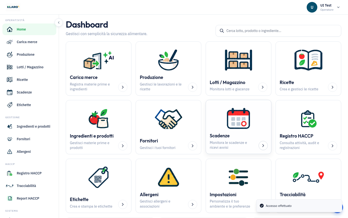 Dashboard Klaro su tablet
